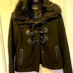 Express black wool fur trim jacket.